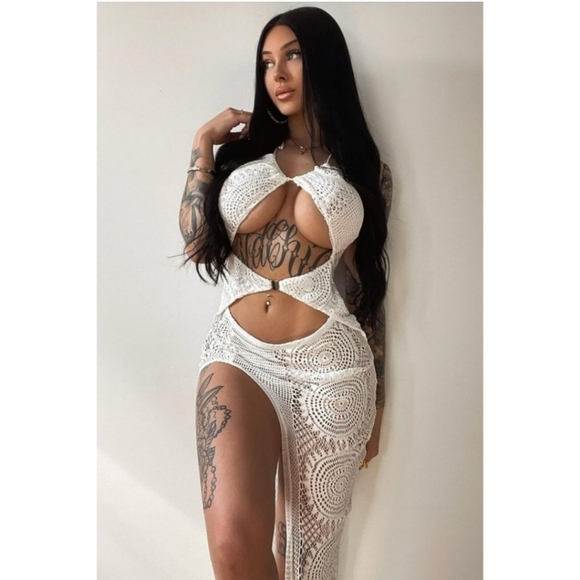 🆕️🆑️ Crochet Maxi Dress / Coverup | Private Beach Ivory High Slit L - Picture 2 of 11